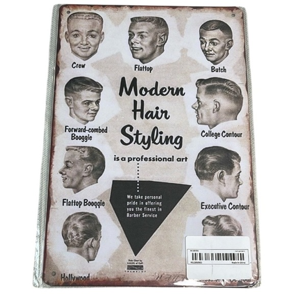 Vintage Vibe NWT 50s Men's Hair Styling Tin Metal Sign Barbershop Black White - Picture 1 of 6